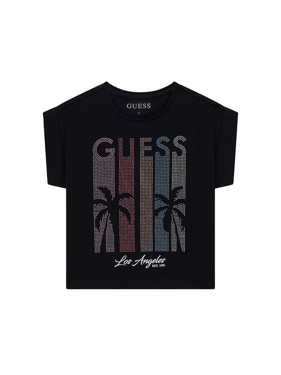 T-shirt Guess Bambina boxy logo strass nero