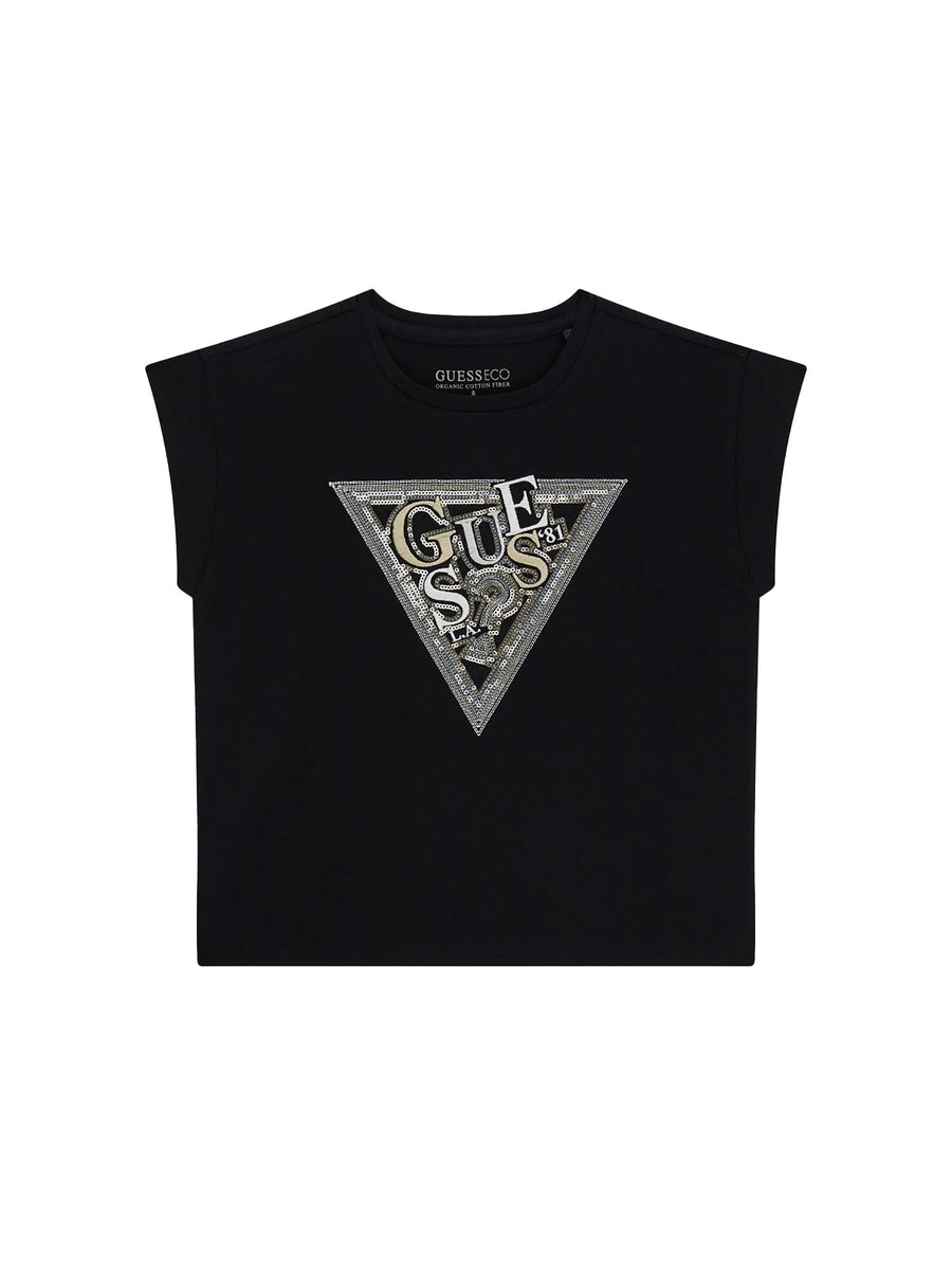 T-shirt Guess Bambina con logo paillettes nero