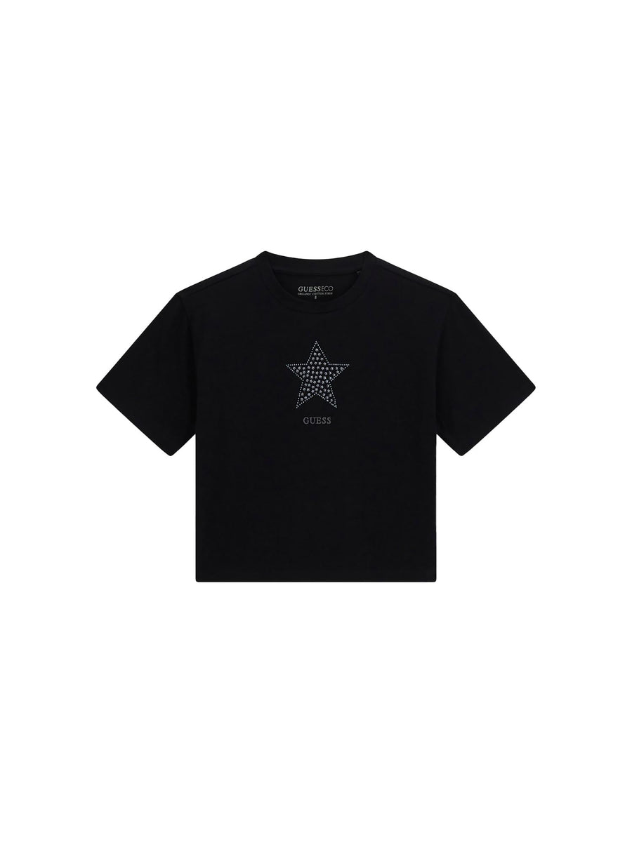 T-shirt Guess Bambina heart logo strass nero