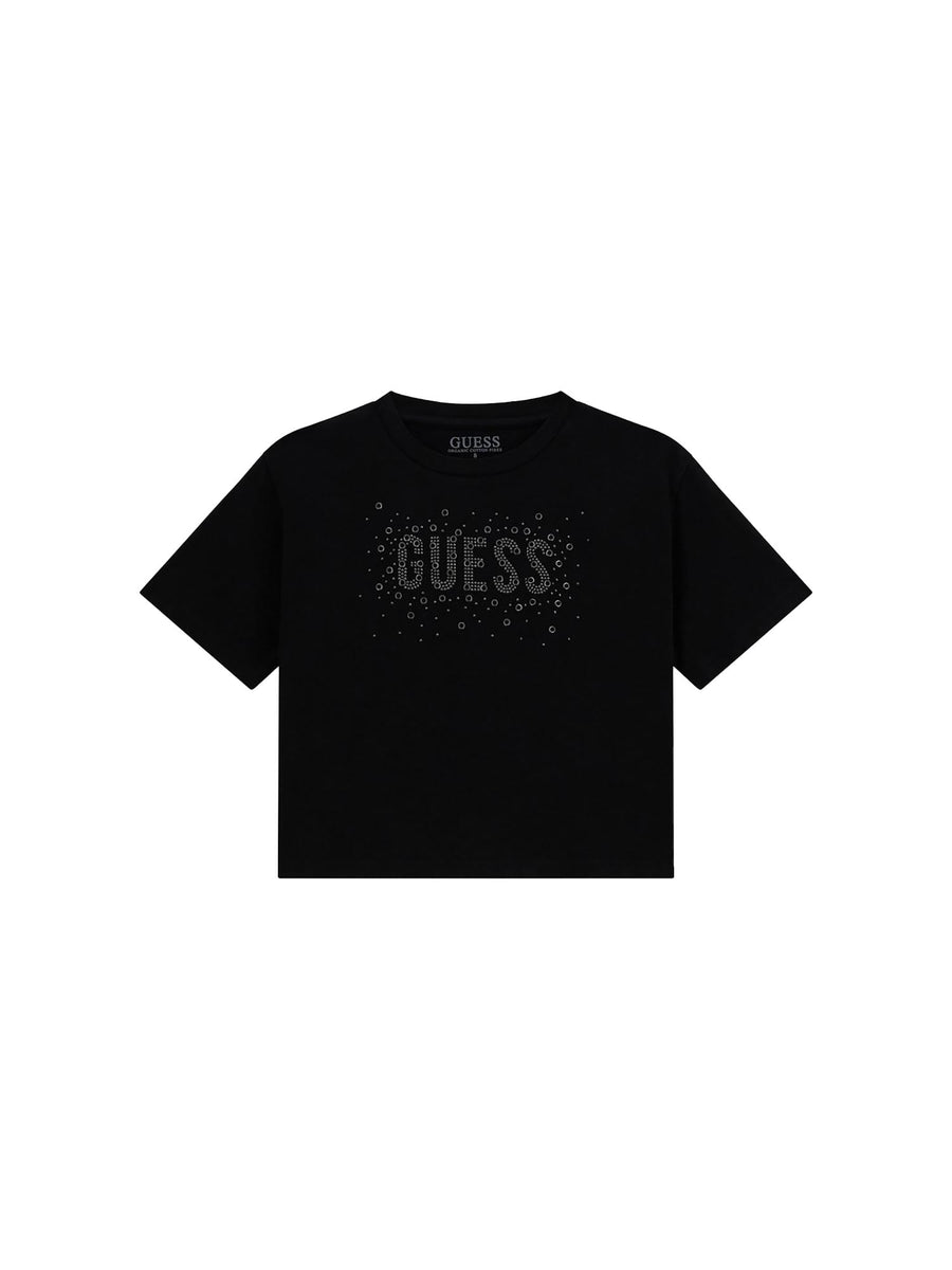T-shirt Guess Bambina con logo strass nero