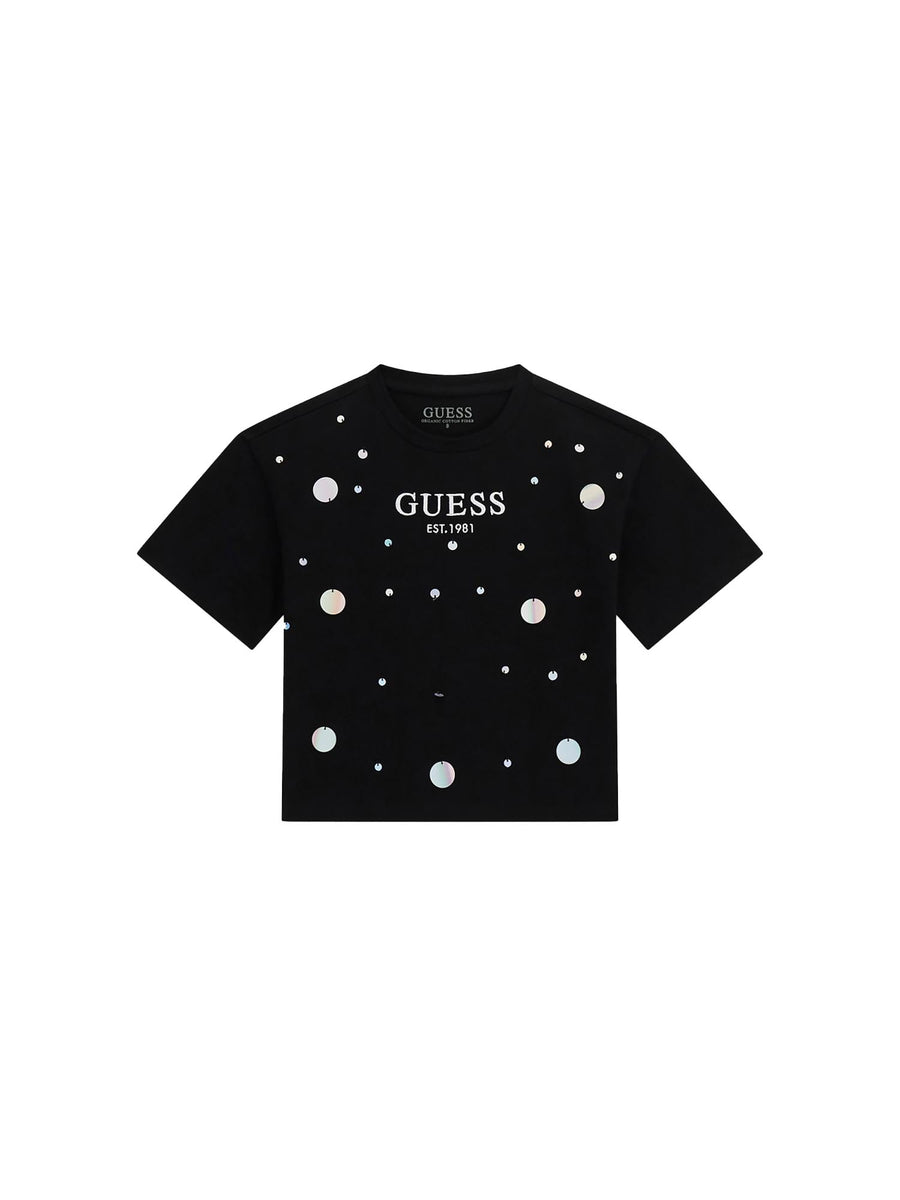 T-shirt Guess Ragazza logo maxi paillettes nero