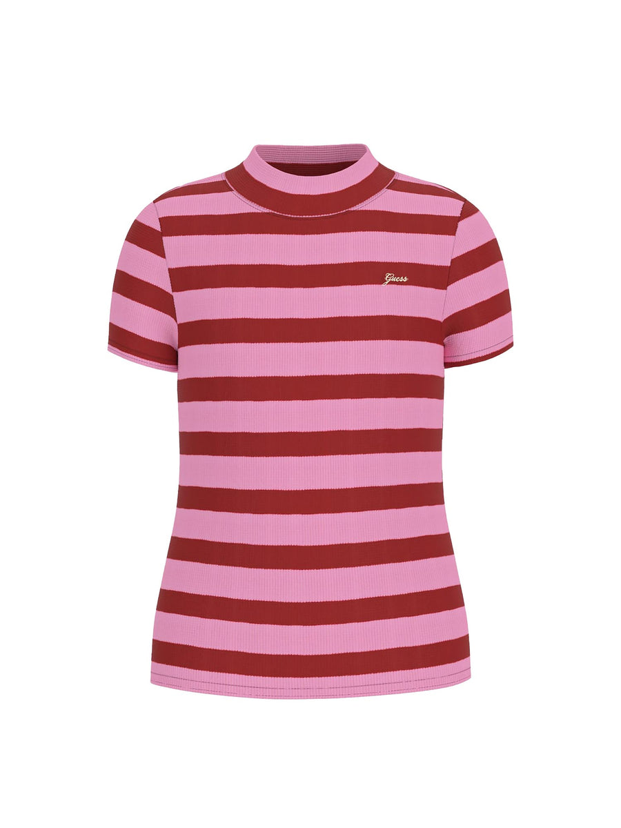 T-shirt Guess Ragazza stripes a costine rosso/rosa