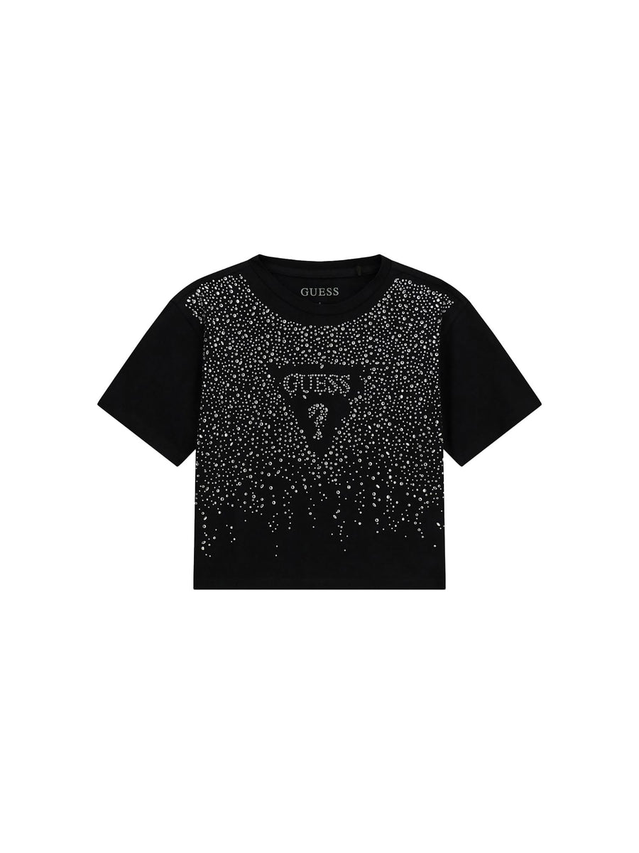 T-shirt Guess Bambina logo esplosione strass nero