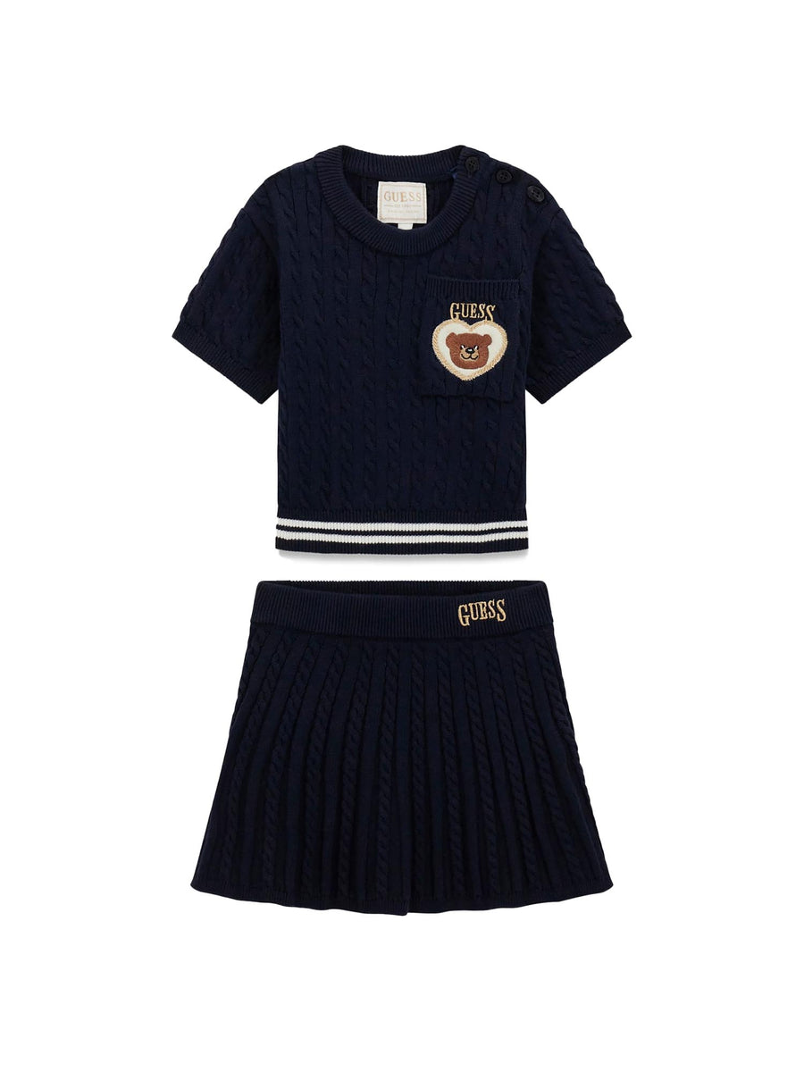 Completo Guess Bambina maglia e gonna con ricamo bear blu