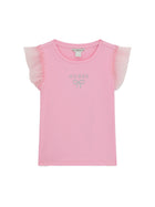 T-shirt Guess Bambina a costine con maniche a balze rosa