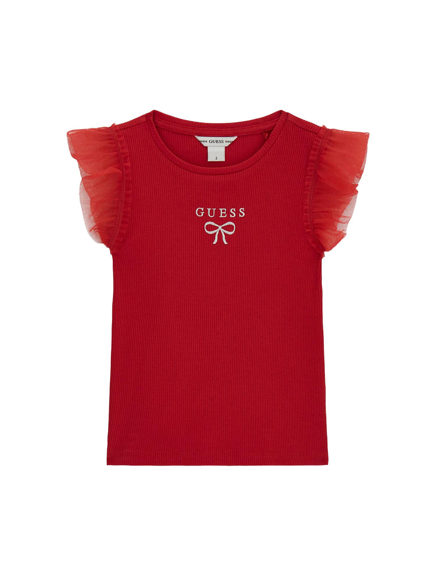 T-shirt Guess Bambina a costine con maniche a balze rosso