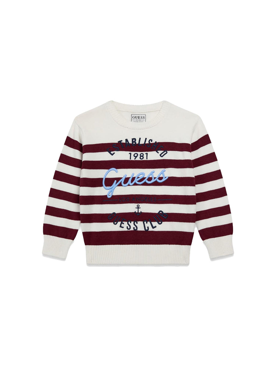 Girocollo Guess Bambino stripe con ricamo logo bianco/rosso