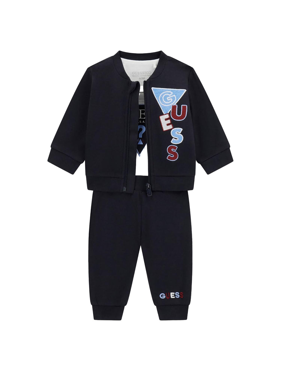 Completo Guess Neonato felpa, body e pantalone ricamo blu