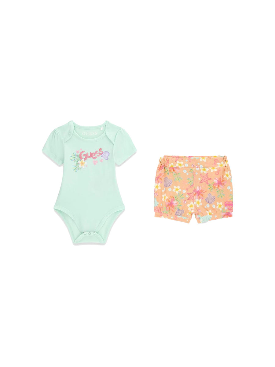 Completo Guess Neonata body e shorts in jersey strech blu