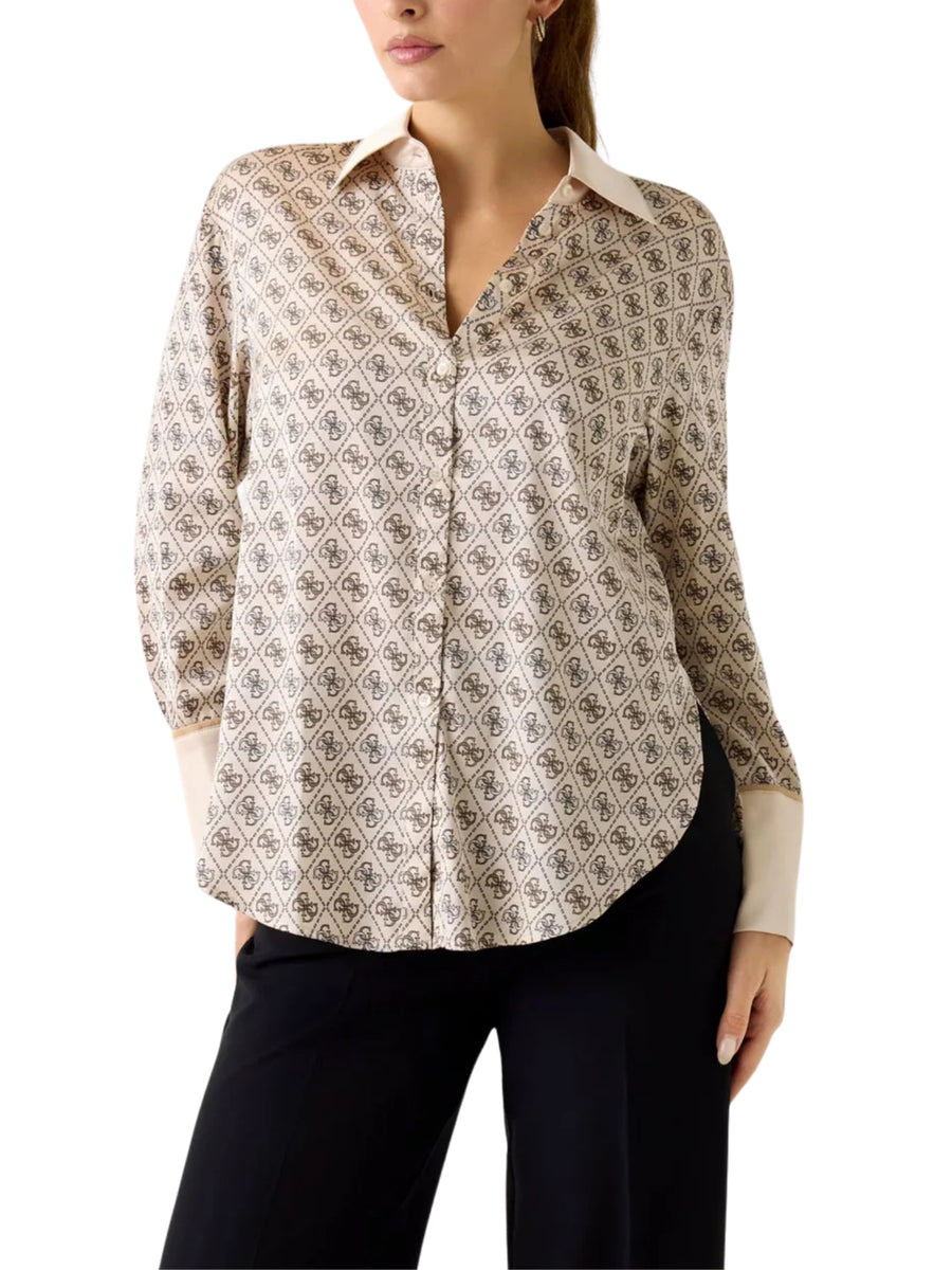 Camicia maniche lunghe Guess donna modello Alexandra stampa 4G allover beige