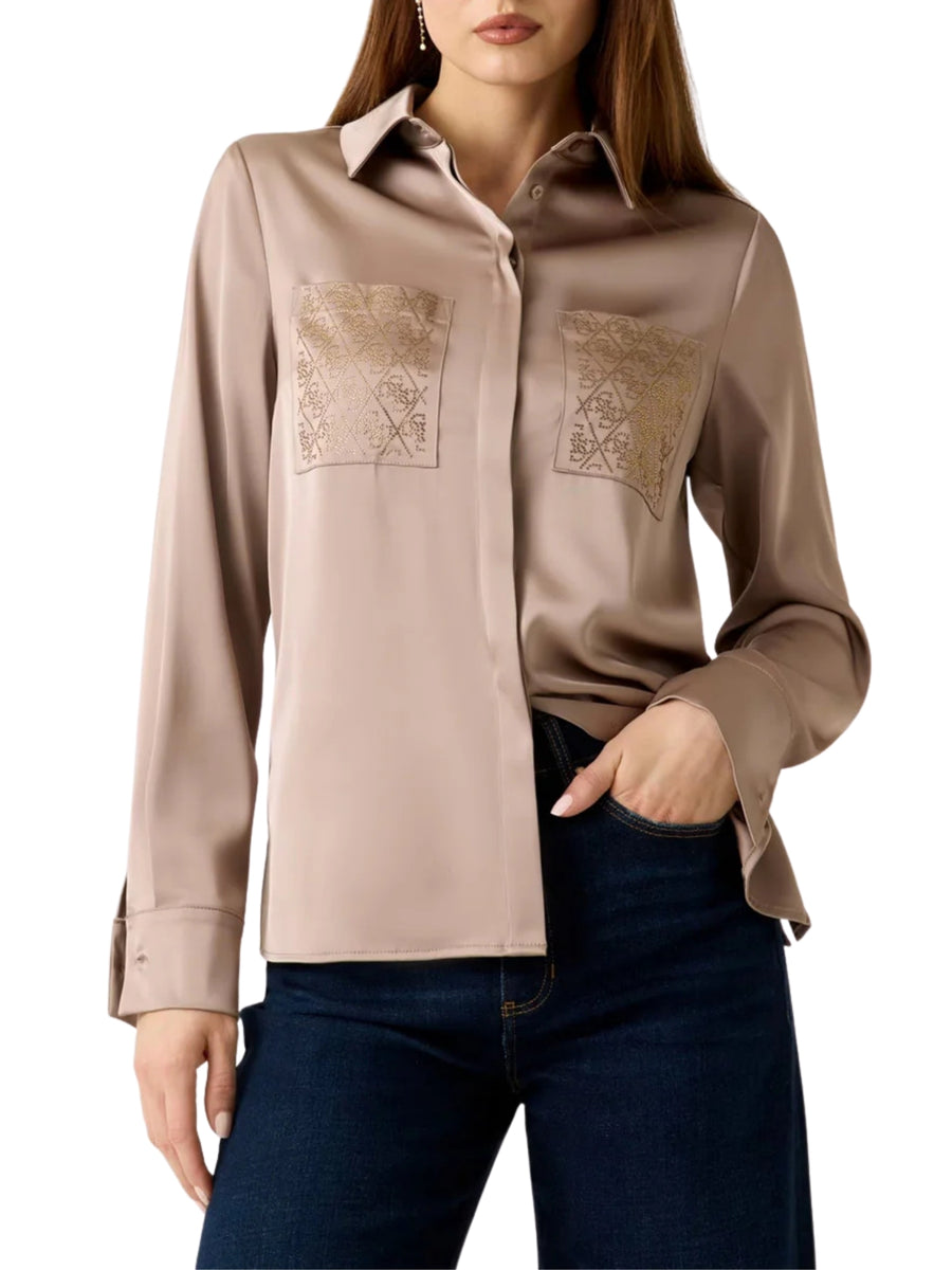 Camicia maniche lunghe Guess donna modello marguerite con hotfix e tasche fango
