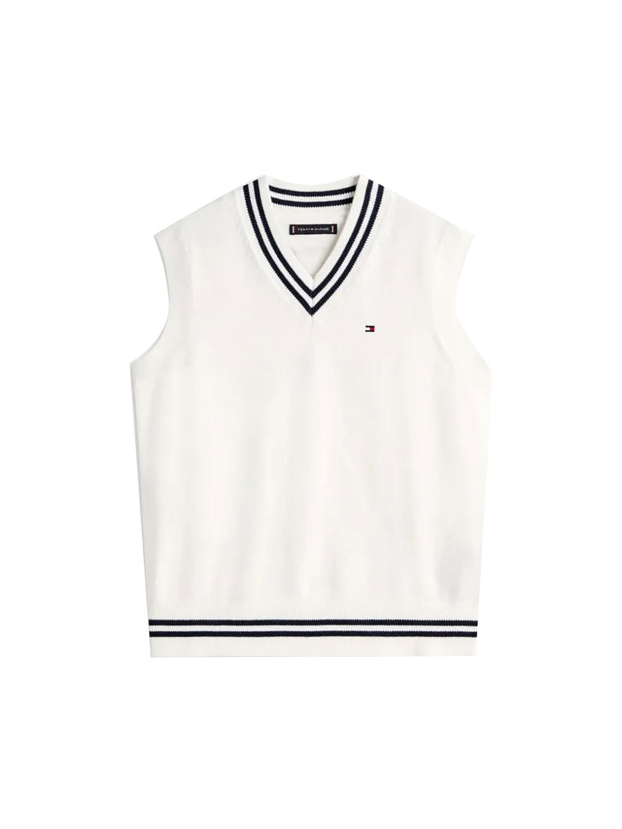 Gilet Tommy Hilfigher Bambino scollo a V varsity rib avorio