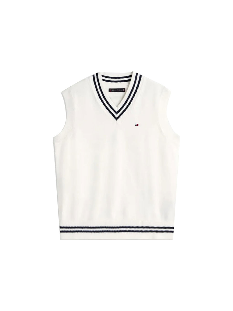 Gilet Tommy Hilfigher Ragazzo scollo a V varsity rib avorio