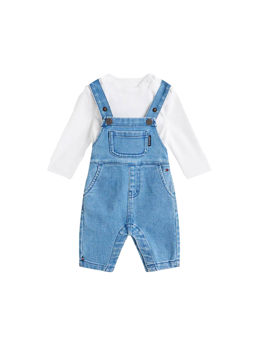 Completo due pezzi Tommy Hilfigher Neonato t-shirt e salopette in jeans denim medio