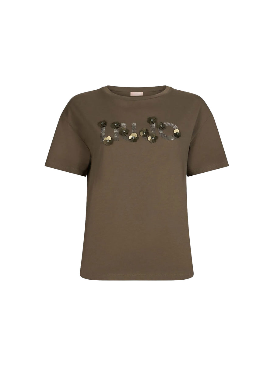 T-shirt Liu Jo Donna manica corta sequins flowers verde