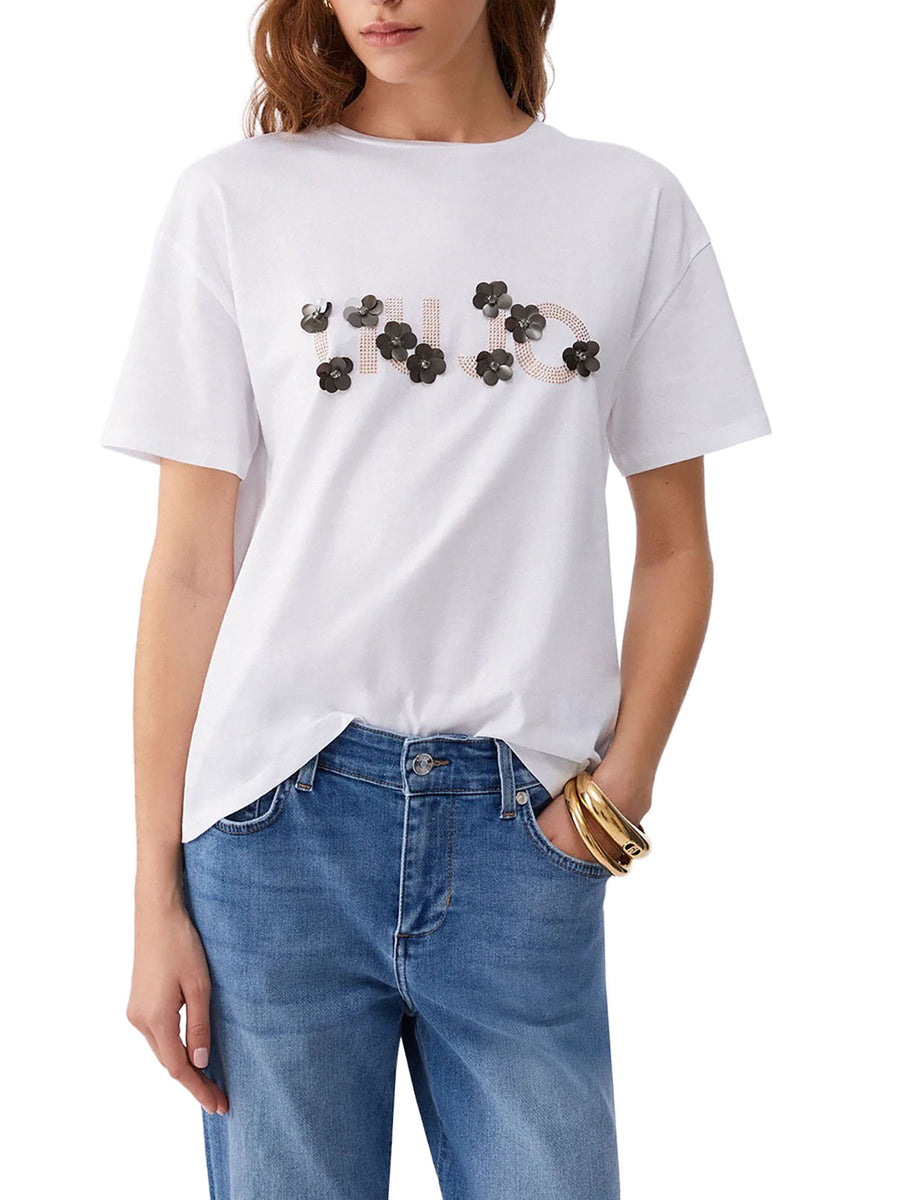 T-shirt Liu Jo Donna manica corta sequins flowers  bianco