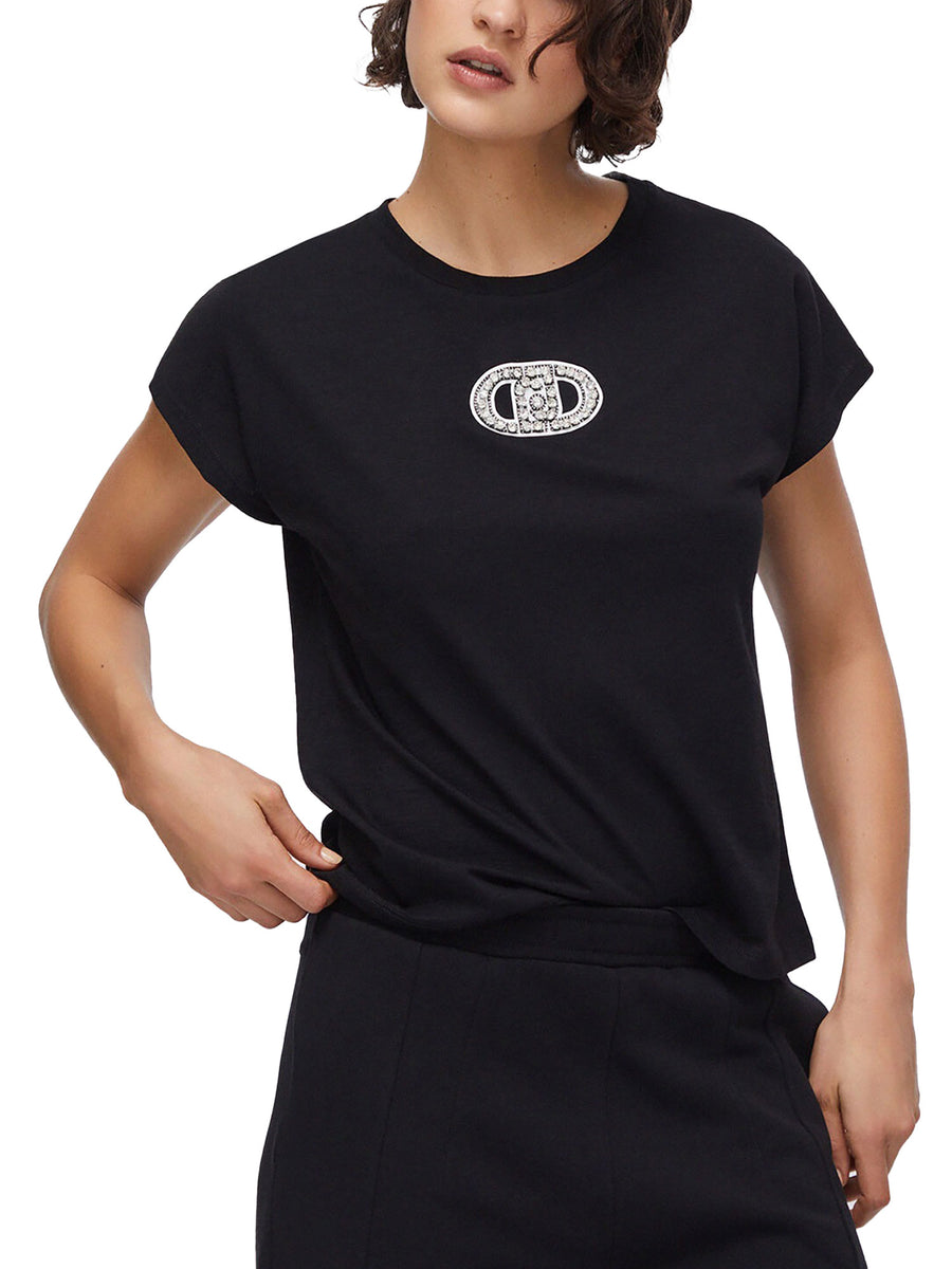 T-shirt Liu Jo donna con logo monogram strass nero