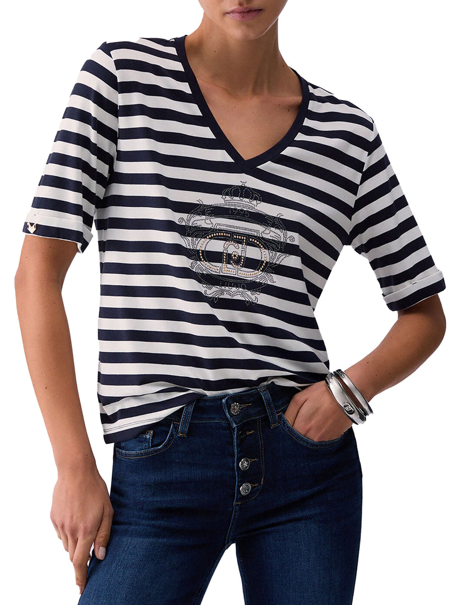 T-shirt Liu Jo donna stripe con scollo a V bianco/blu