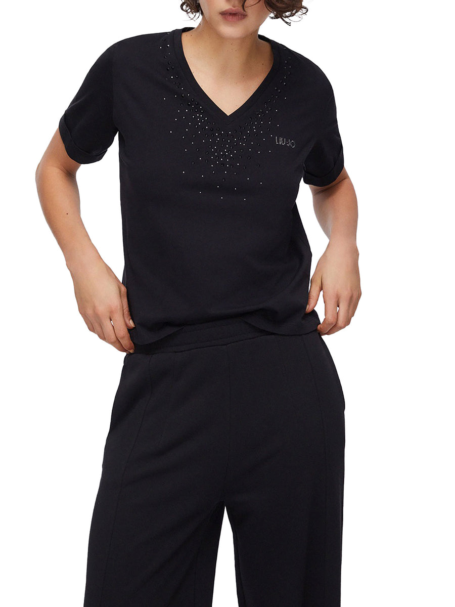 T-shirt Liu Jo donna esplosione strass con scollo a V nero