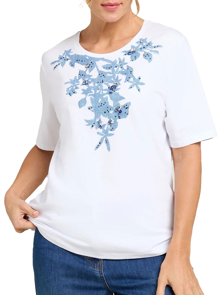 T-shirt Luisa Viola donna manica corta stampa ricamo blu