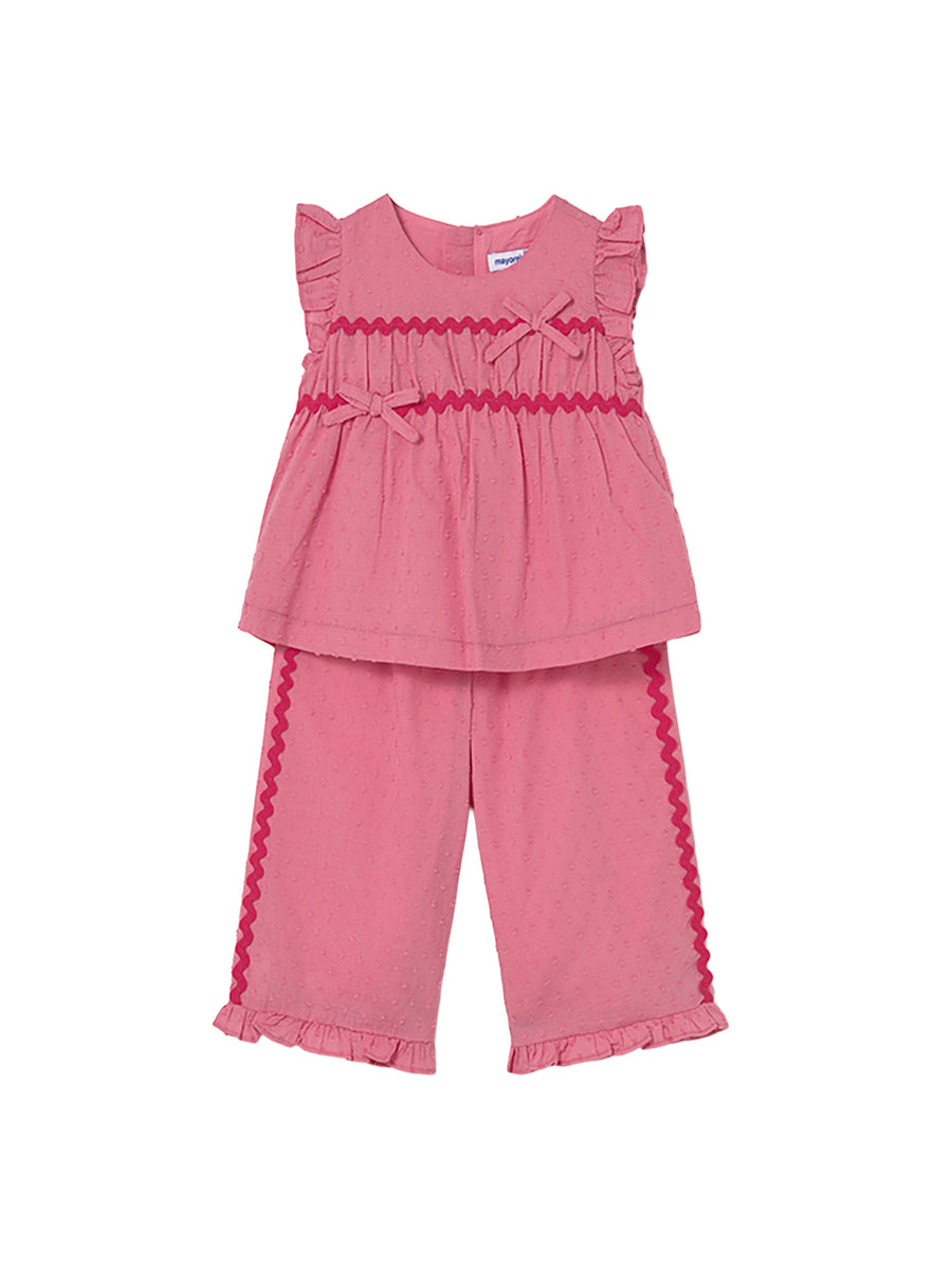 Completo Mayoral Bambina blusa e pantalone con dettagli geranio