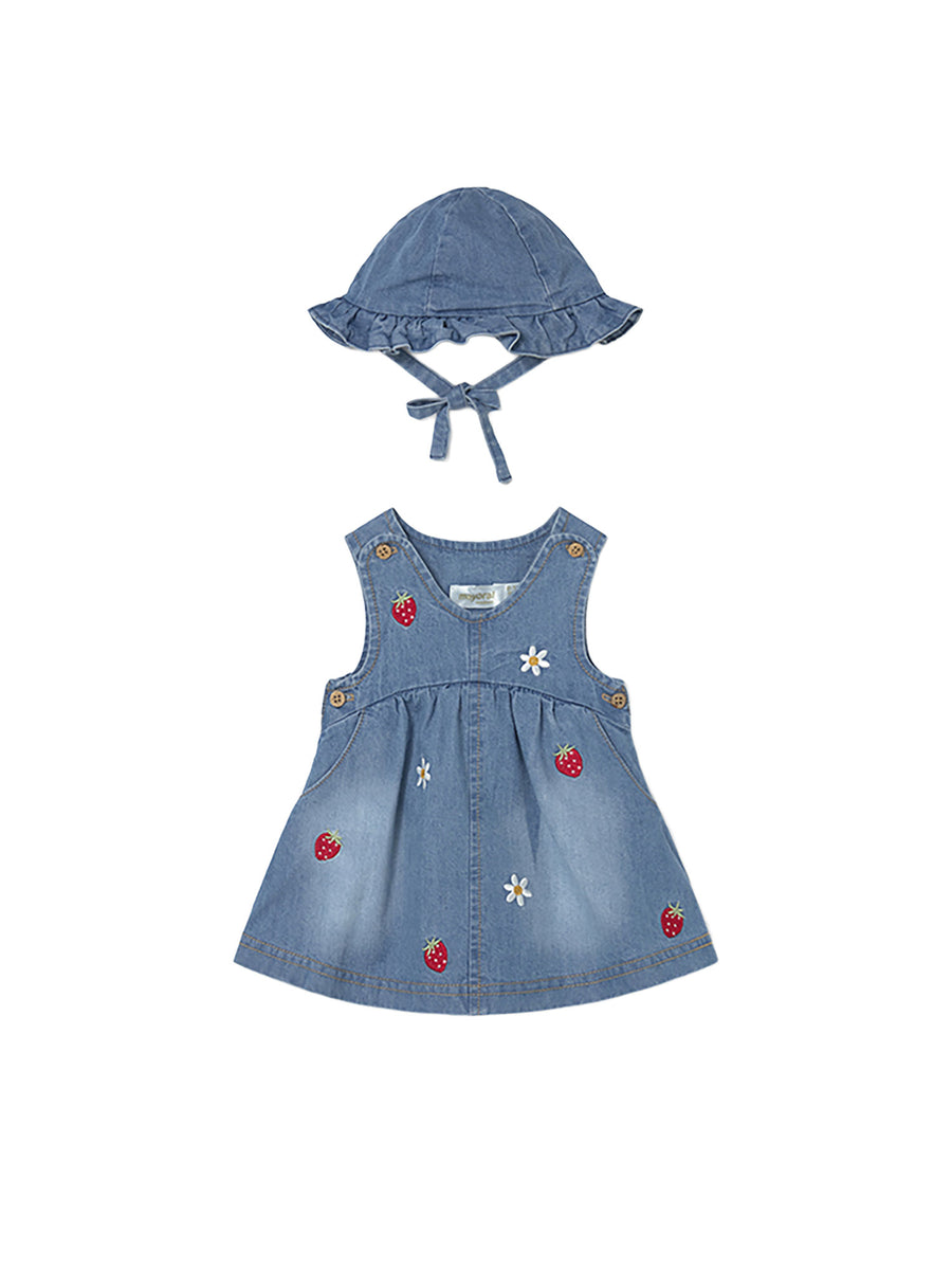 Completo Mayoral Neonata abito e cappello ricamo jeans