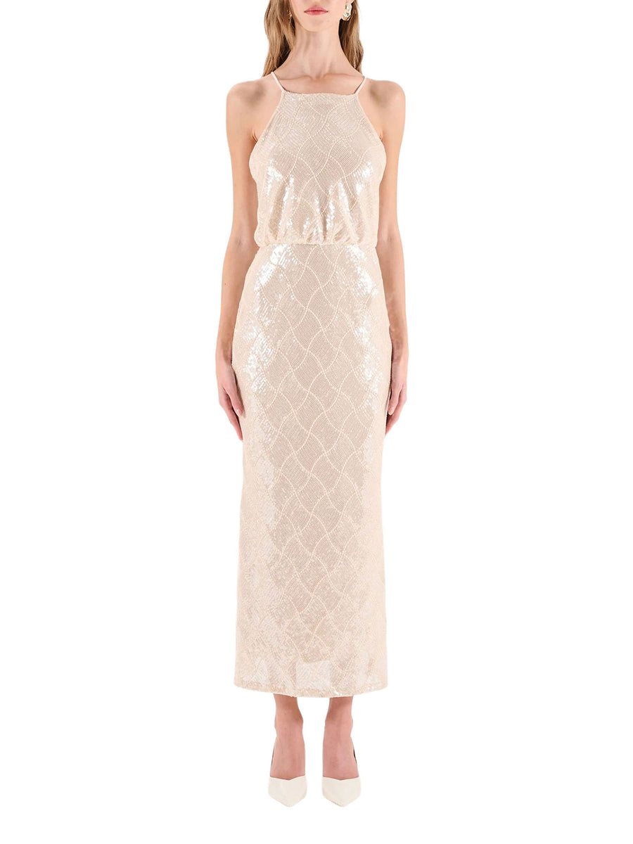 Abito Rinascimento Donna smanicato lungo con paillettes beige