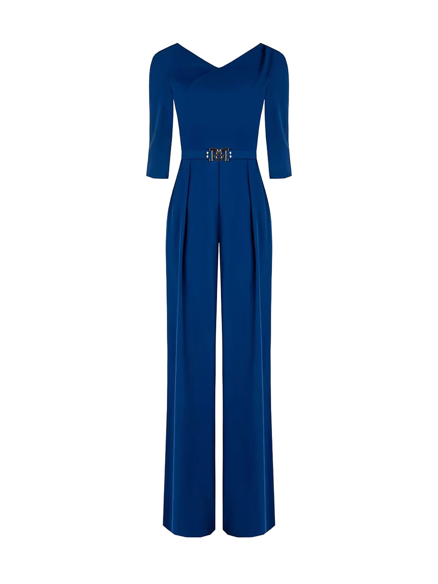 Tuta Rinascimento Donna con scollo a V, pantalone palazzo e cintura blu