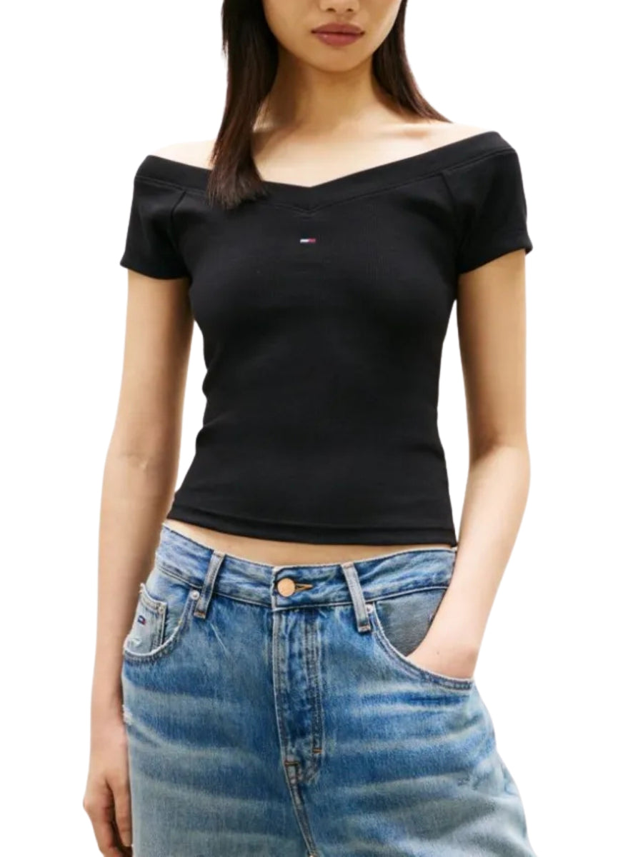 Top modello off shoulder slim rib nero