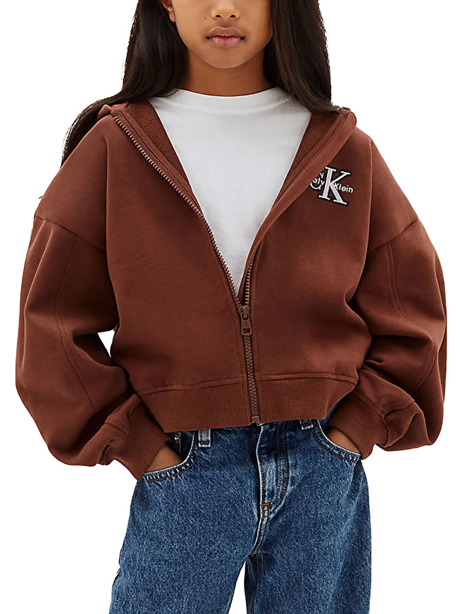 Felpa Calvin Klein bambina con zip e cappuccio monologo moro