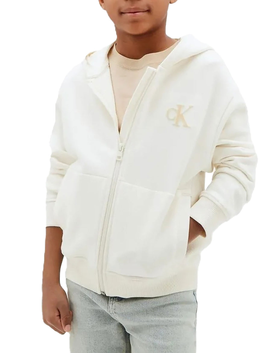 Felpa Calvin Klein bambino con zip e cappuccio monogram flock tofu