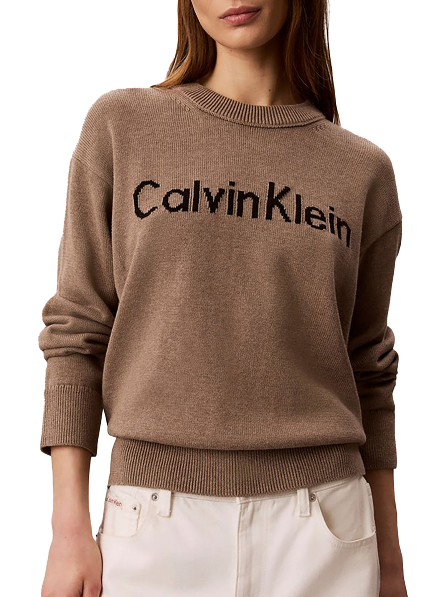 Maglia Calvin Klein Jeans donna girocollo con logo a contrasto taupe
