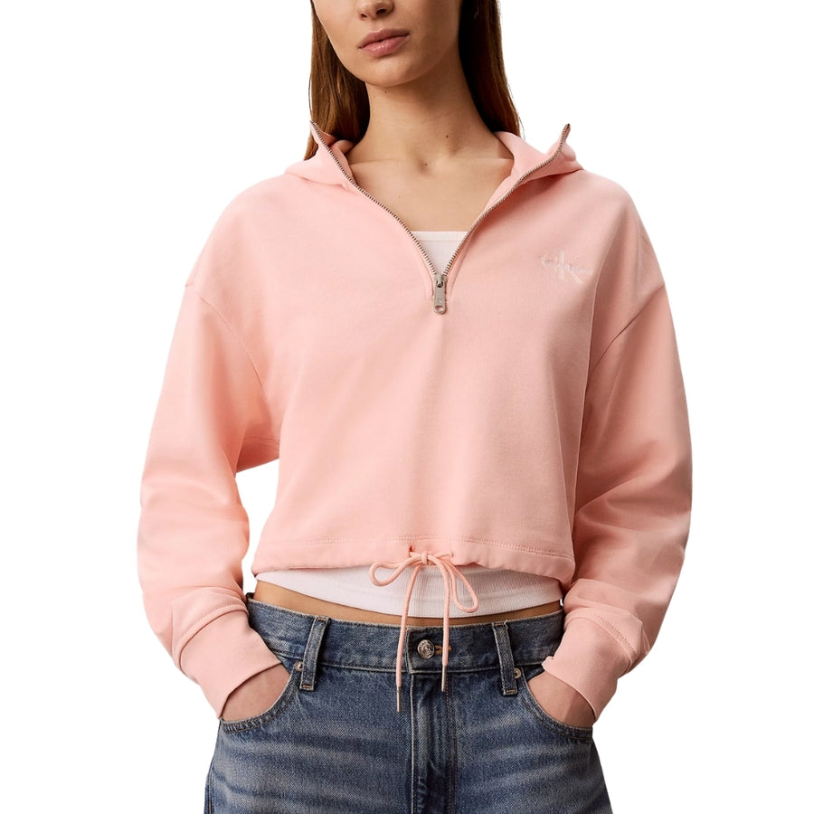 Felpa cropped Calvin Klein donna con mezza zip e monogram pesca