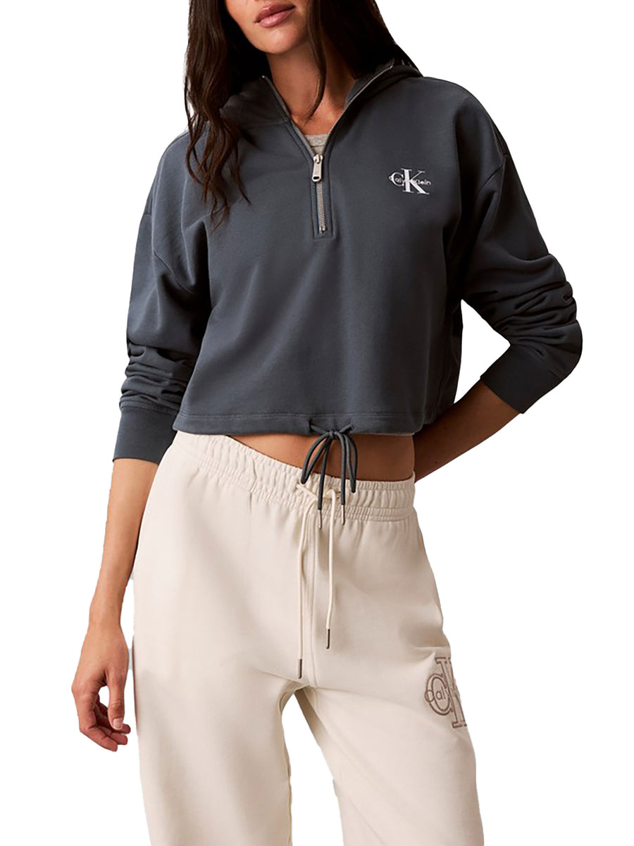 Felpa Calvin Klein Jeans donna cropped con cappuccio e mezza zip grigio