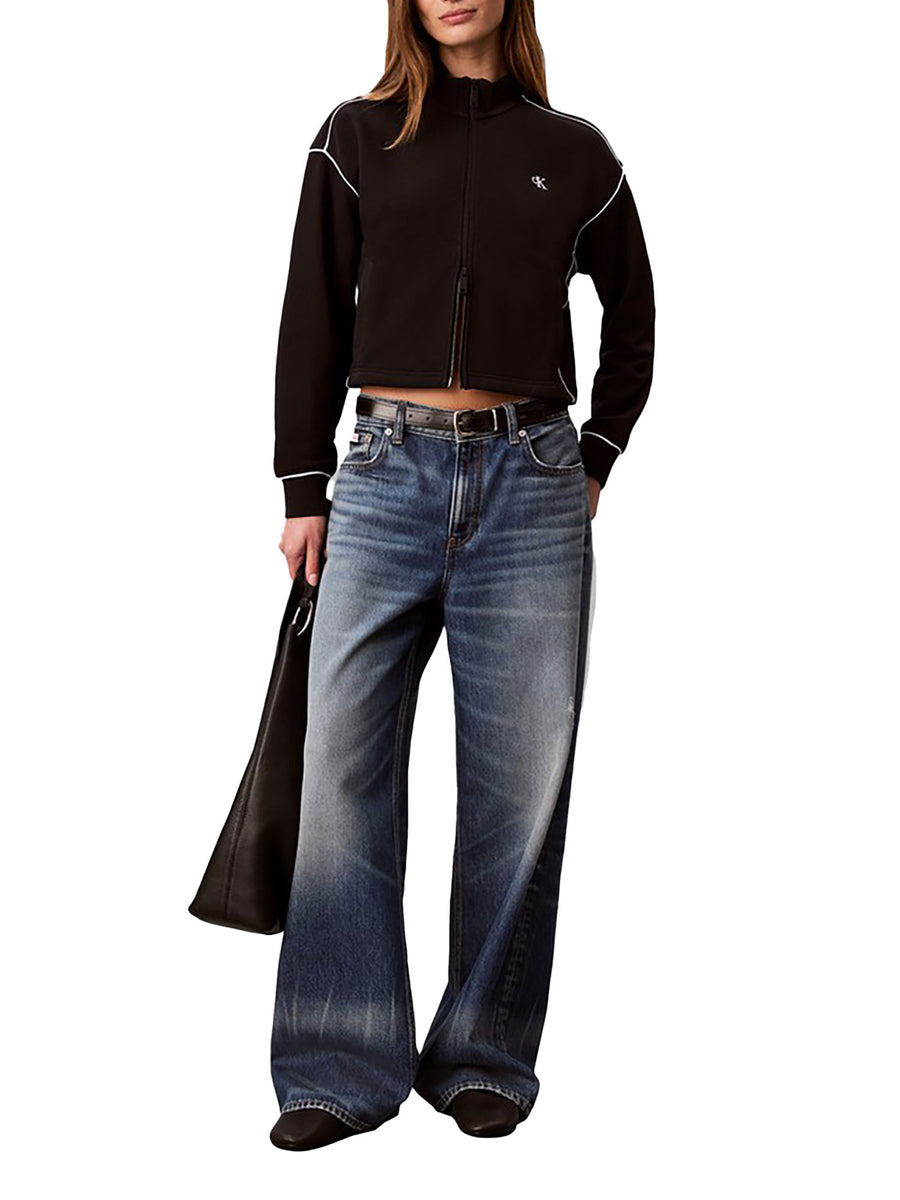 Felpa Calvin Klein Jeans donna cropped con zip e profili a contrasto nero