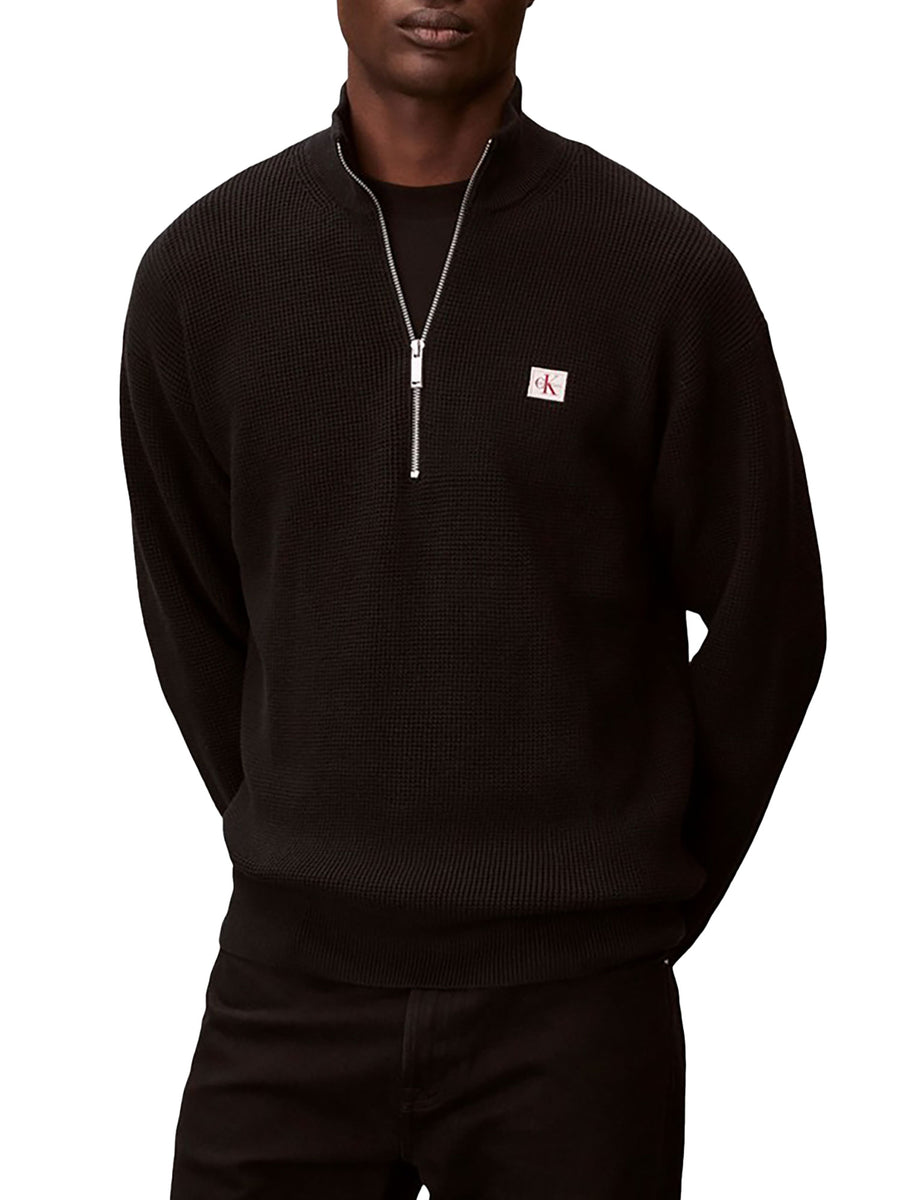 Maglia Calvin Klein Jeans uomo waffle con mezza zip nero