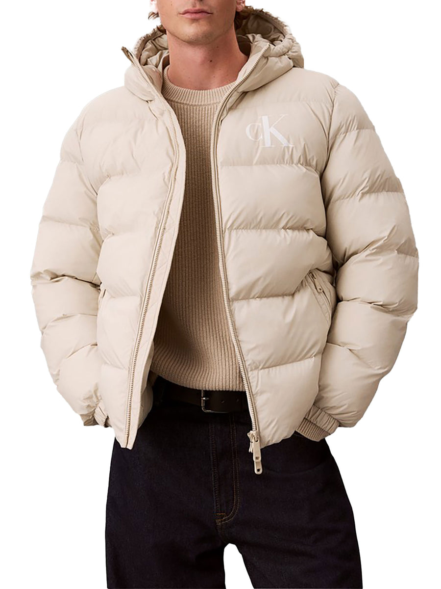 Piumino Calvin Klein Jeans uomo con cappuccio e monogramma grigio chiaro