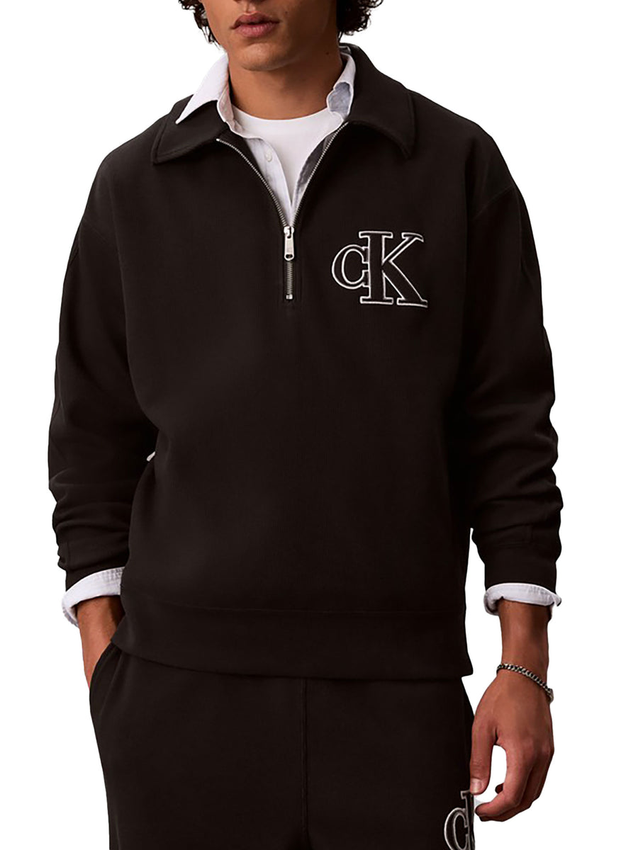 Felpa Calvin Klein Jeans uomo polo a costine con mezza zip nero