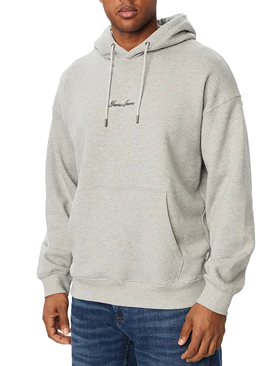 Felpa Guess Jeans uomo con cappuccio e piccolo logo scritto grigio medio