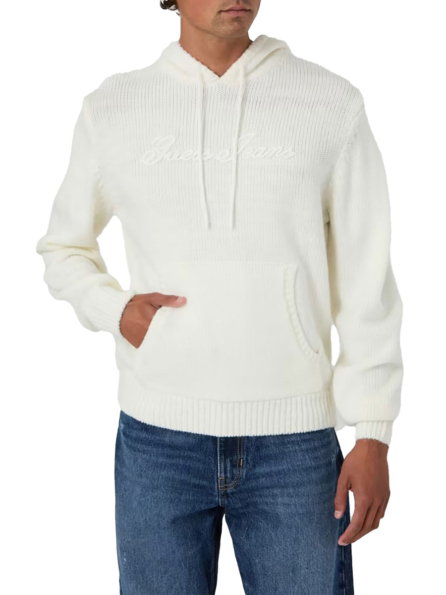 Felpa Guess Jeans uomo con cappuccio e logo ricamato panna