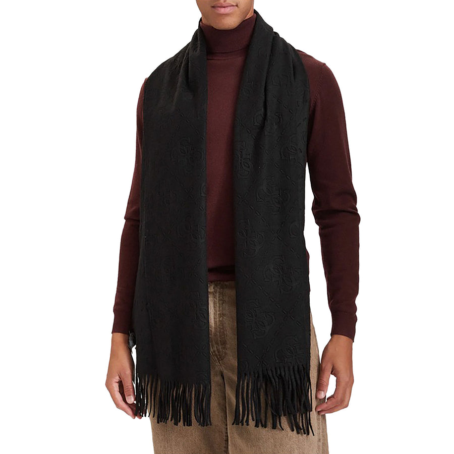 Sciarpa Guess uomo Boston con logo in rilievo e frange nero