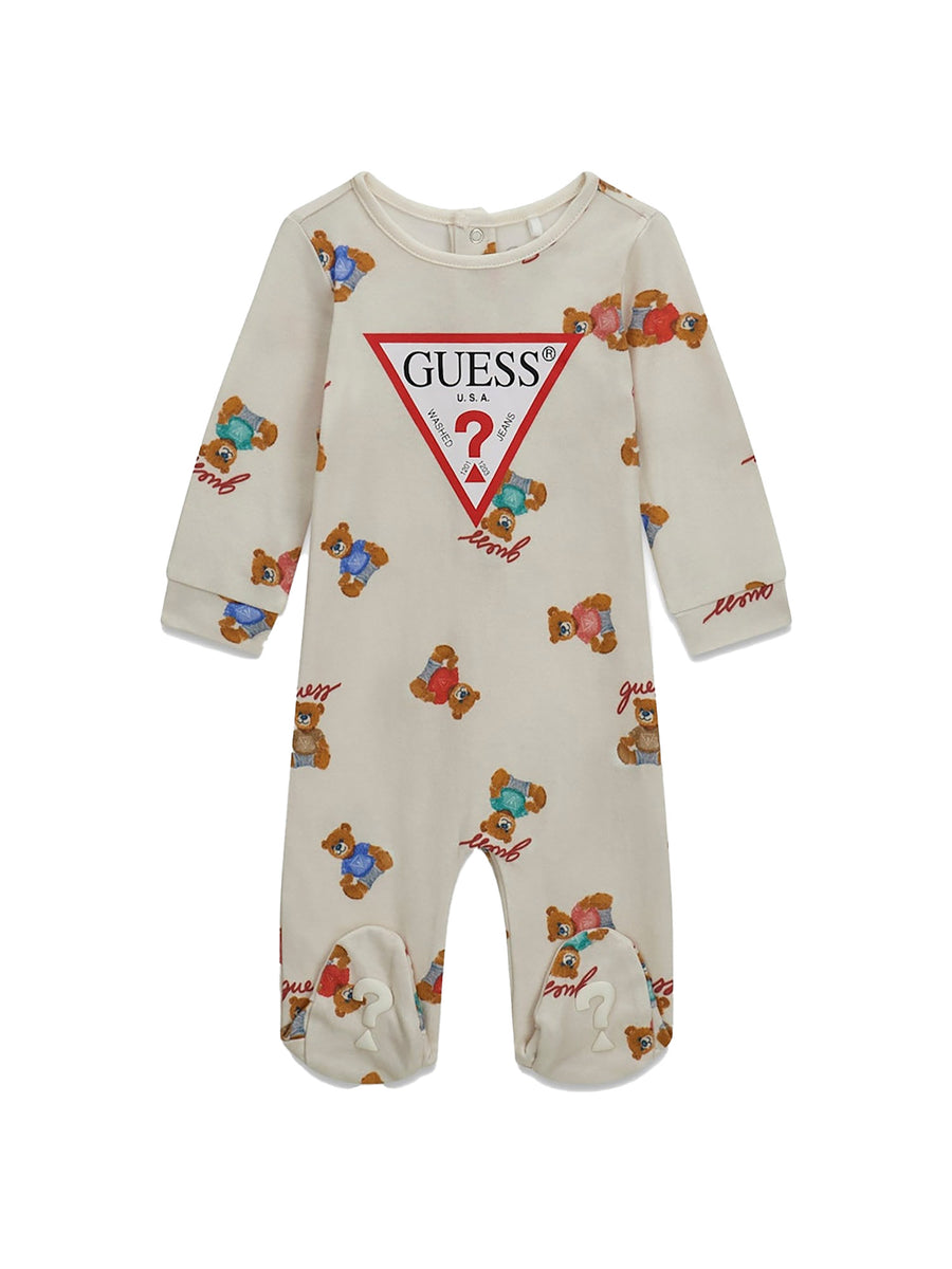 Tutina con piedini Guess neonata tutina allover bear con logo panna