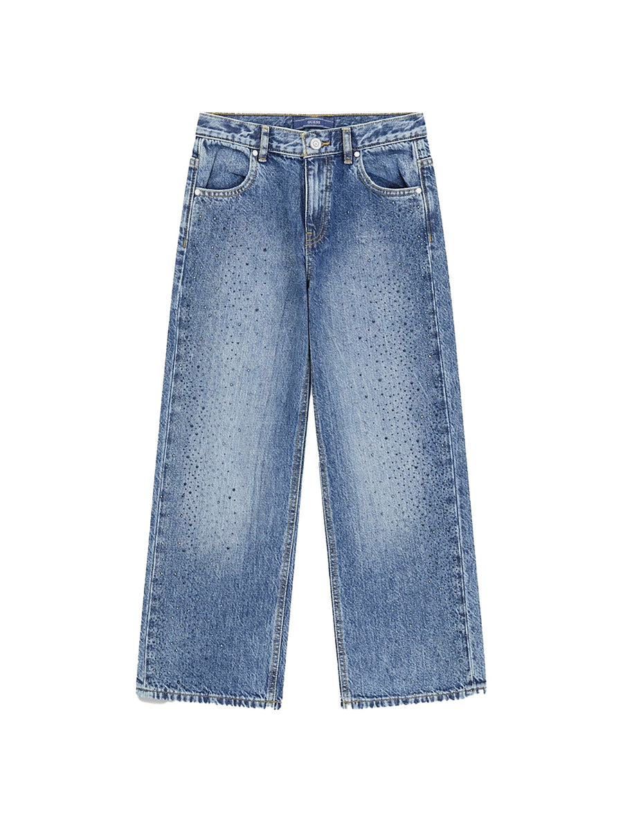 Jeans cinque tasche Guess bambina oversize con strass in denim medio