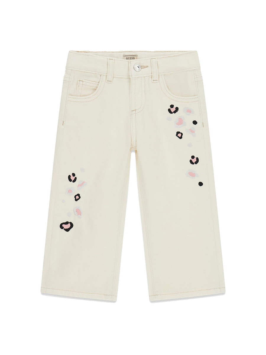 Jeans cinque tasche Guess bambina palazzo con ricamo in denim color crema
