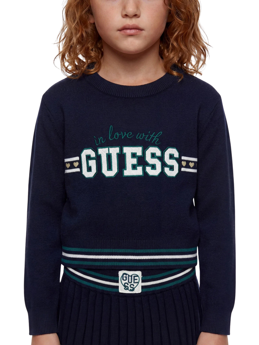 Completo Guess bambina due pezzi con maglia e gonna plissettata blu