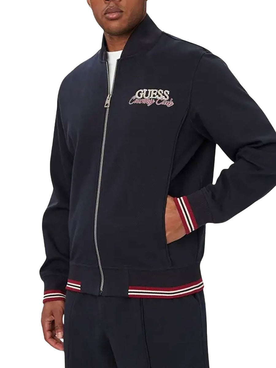 Felpa Guess uomo con zip e bordi a righe blu