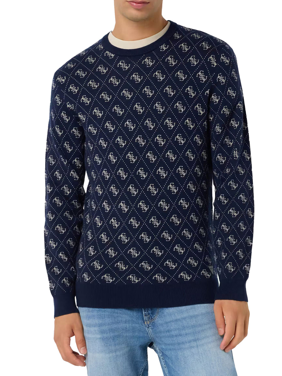 Maglia Guess uomo Martin girocollo con monogram all over blu/grigio