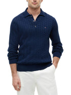 Polo Tommy Hilfiger uomo manica lunga in cotone a trecce blu