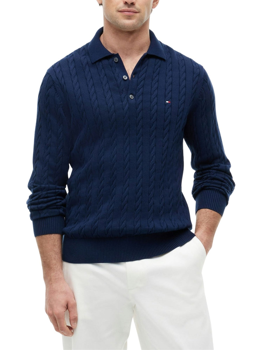 Polo Tommy Hilfiger uomo manica lunga in cotone a trecce blu