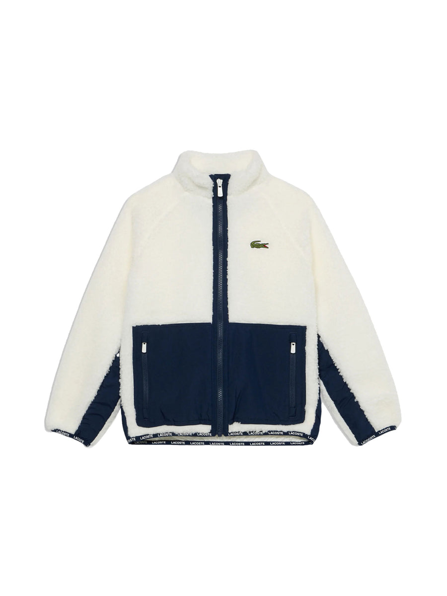 Giacca sherpa Lacoste bambino con zip bicolor panna